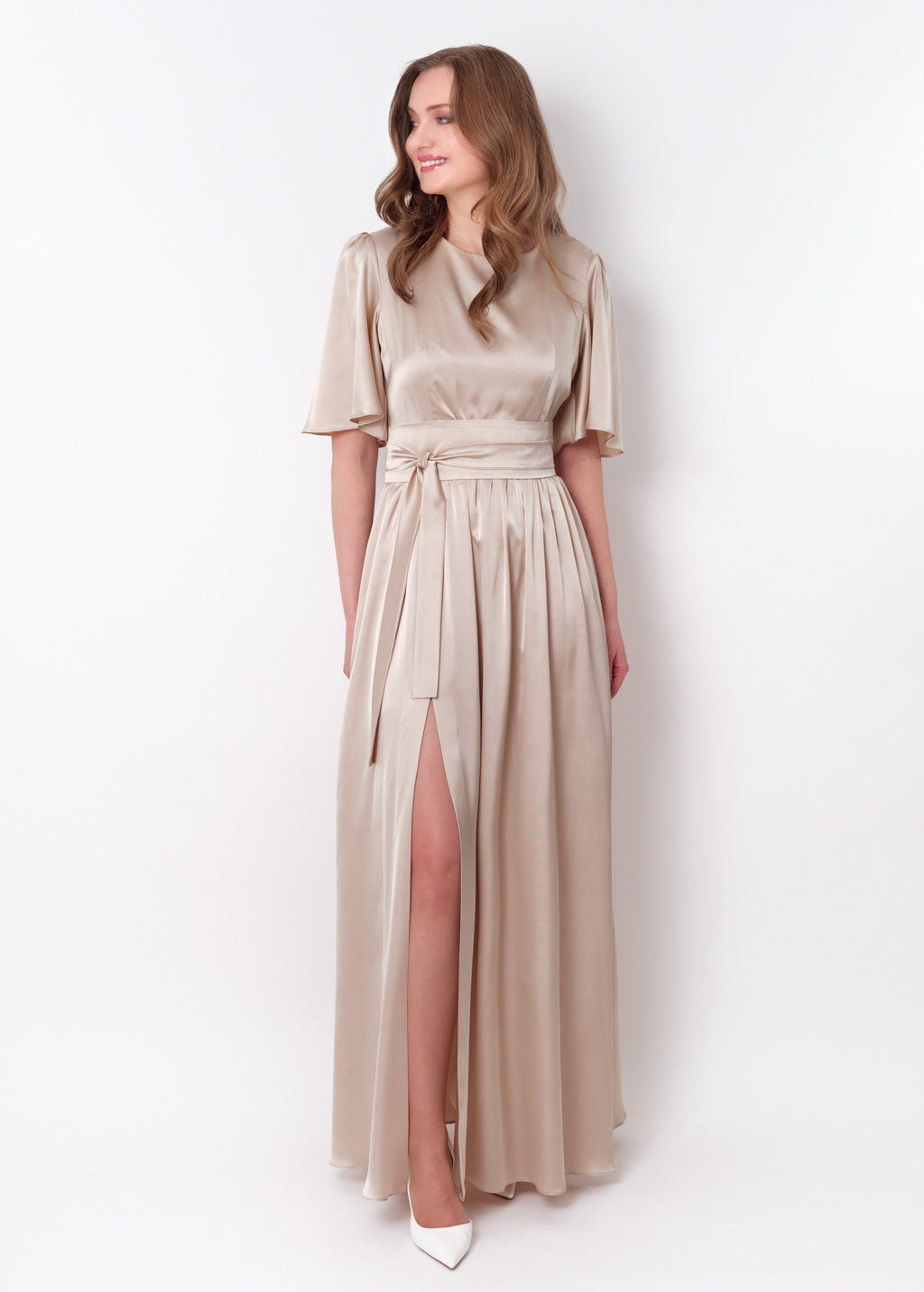 Champagne beige slit silk dress with belt