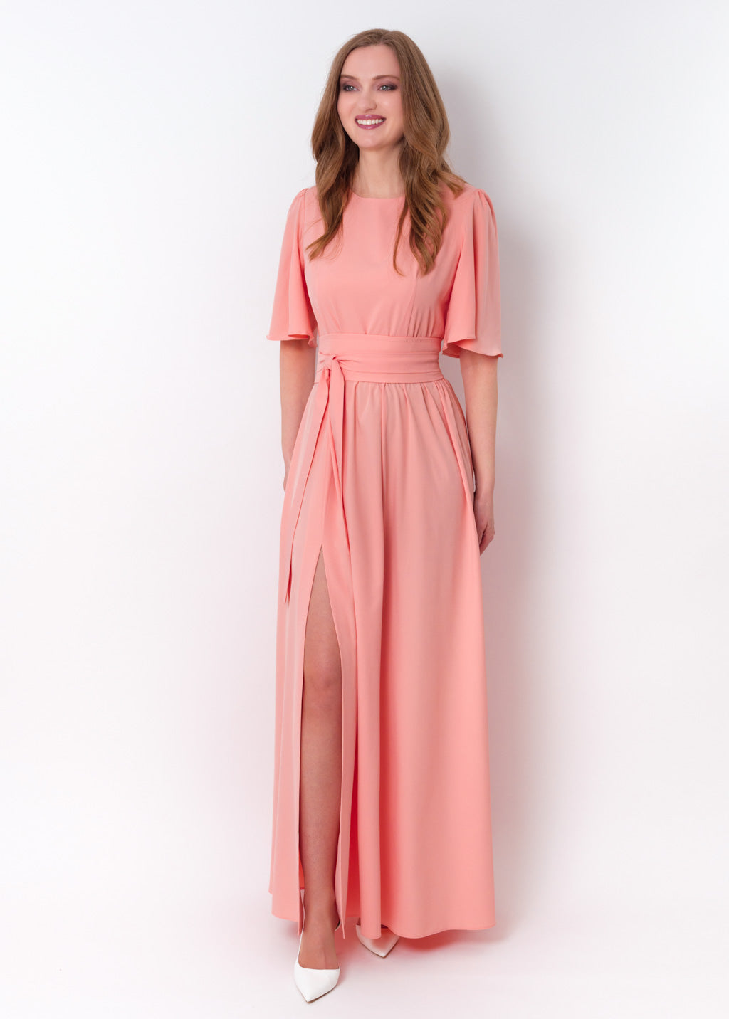 Blush pink long slit dress with belt