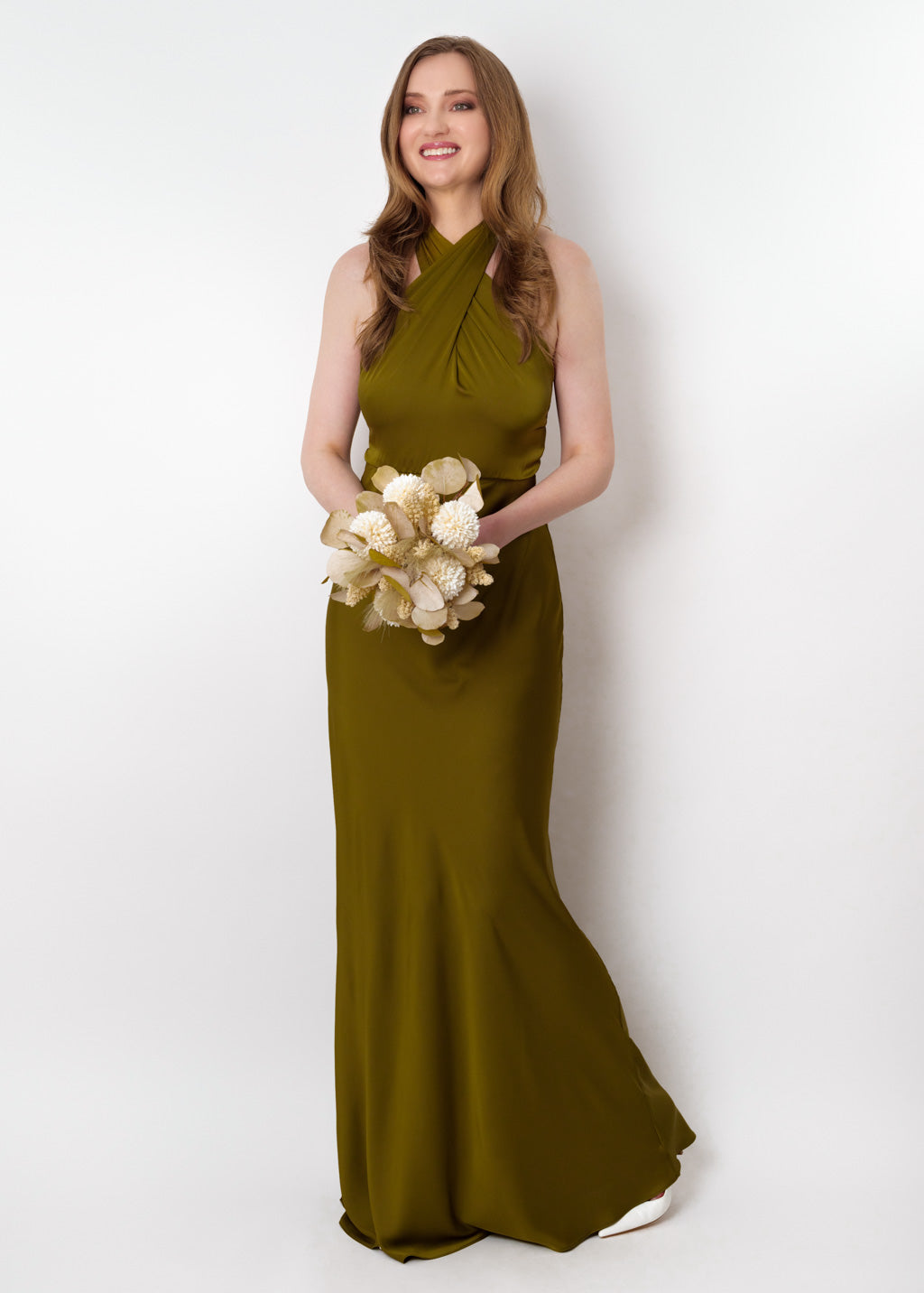 Olive silk long halter dress