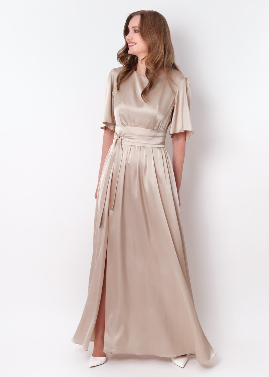 Champagne beige slit silk dress with belt