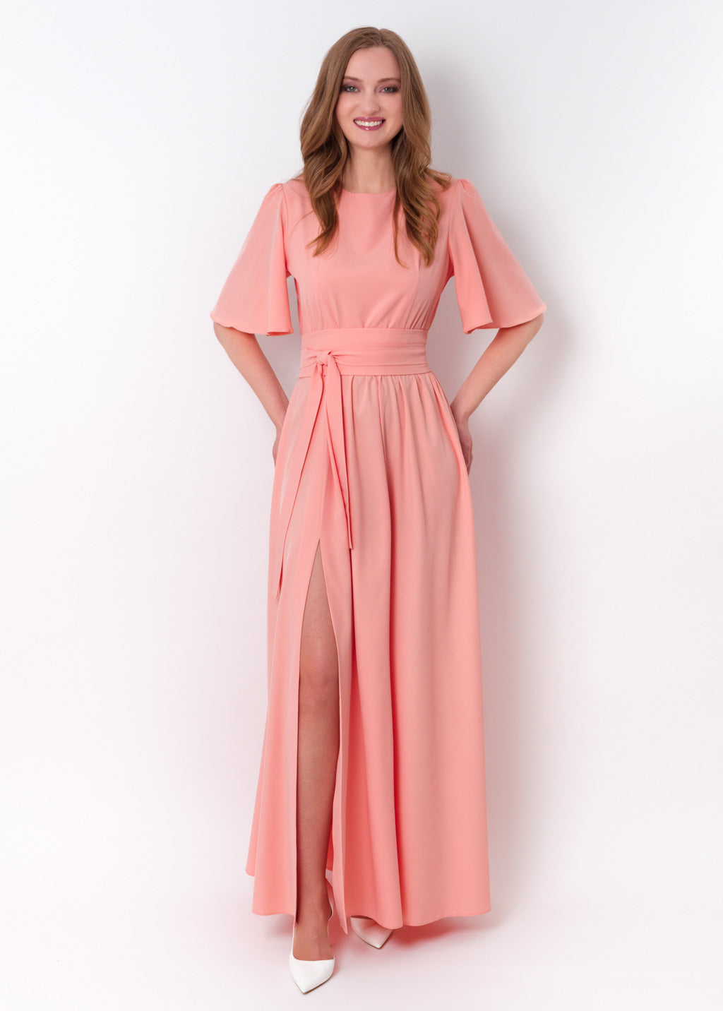 Blush pink long slit dress with belt