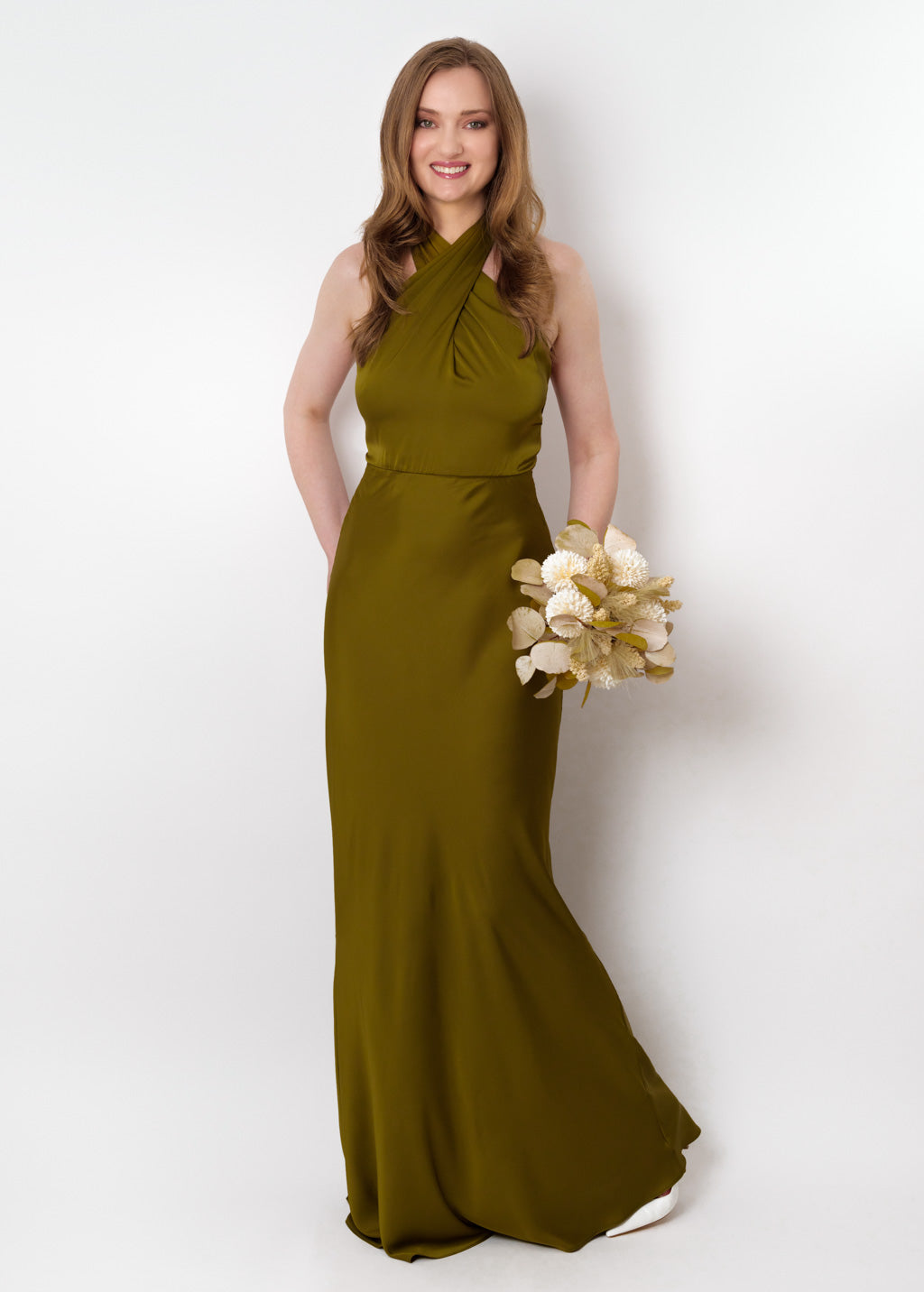 Olive silk long halter dress