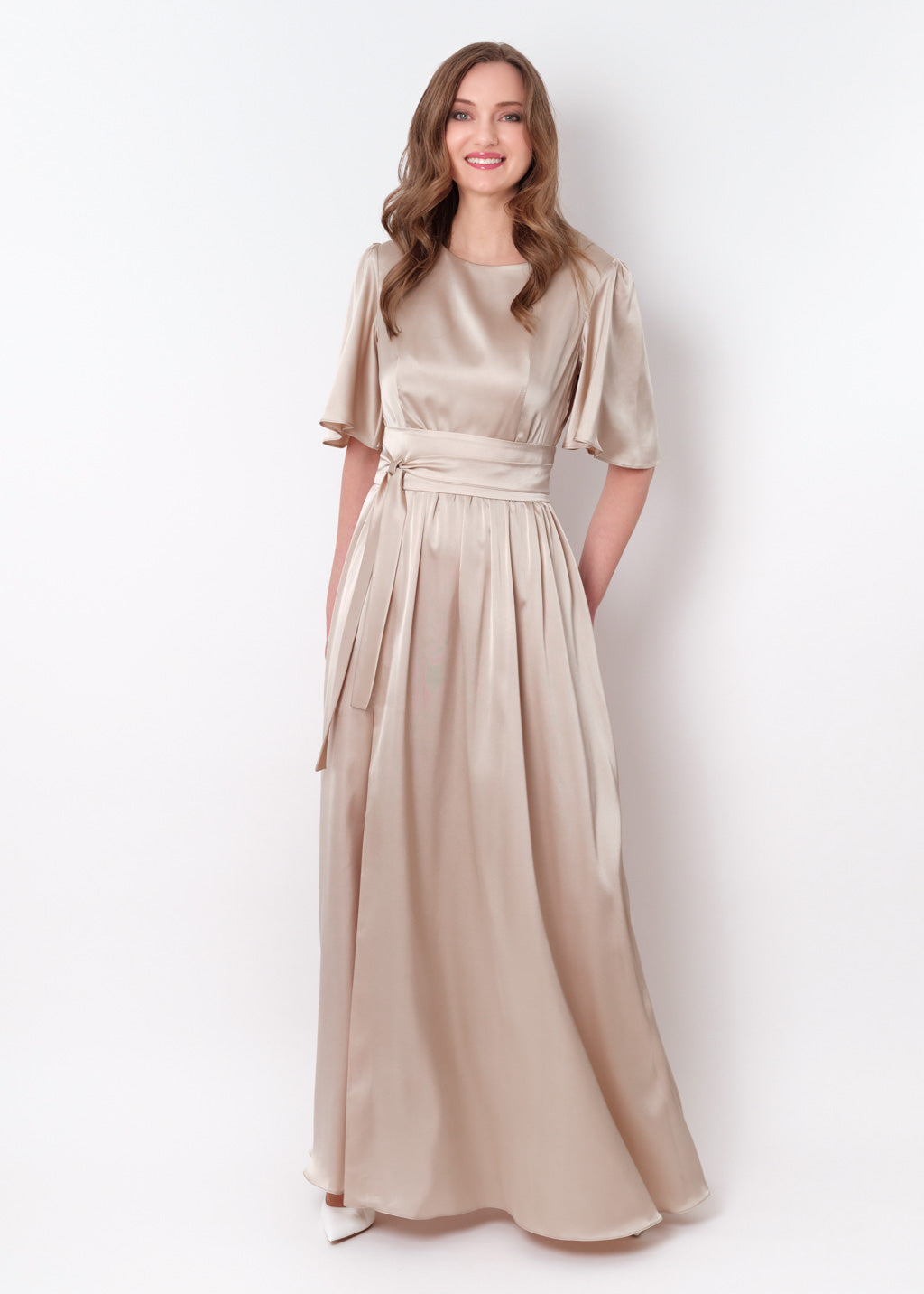 Champagne beige silk dress with belt