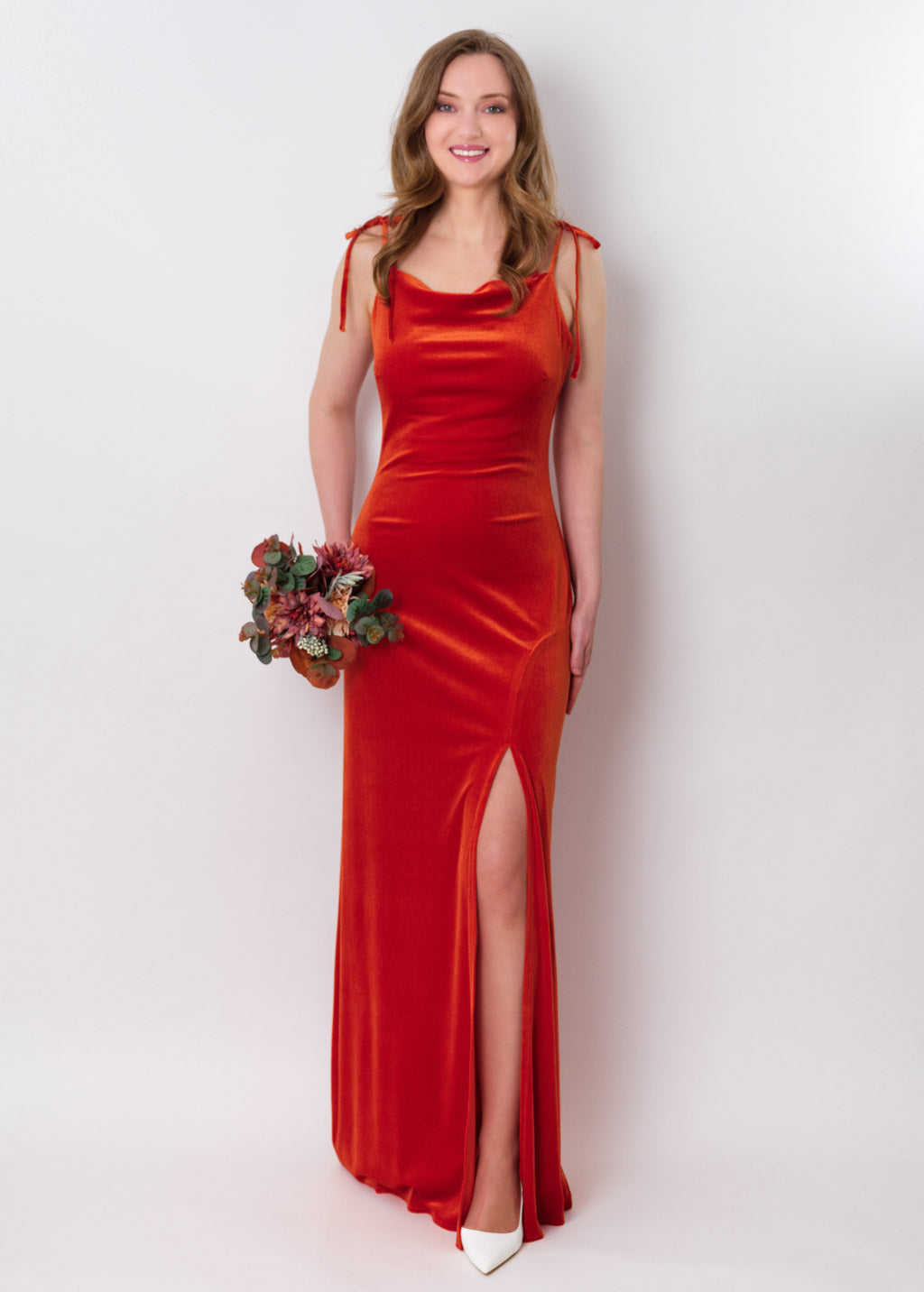 Rust orange slip slit velvet bodycon long dress