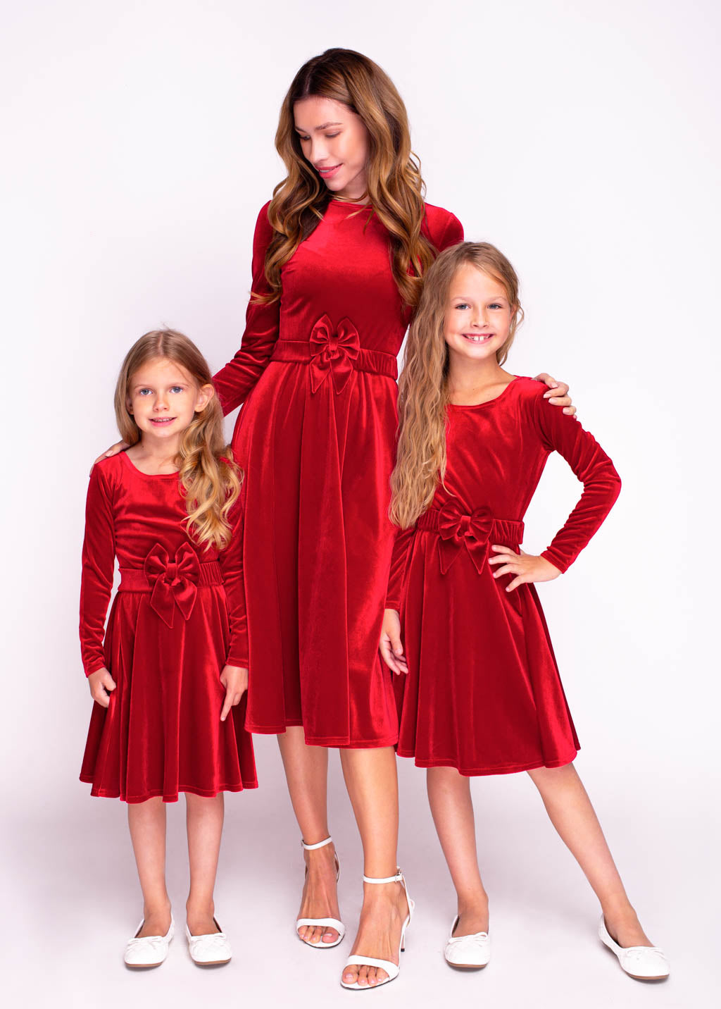 Red girl velvet dress with bow belt