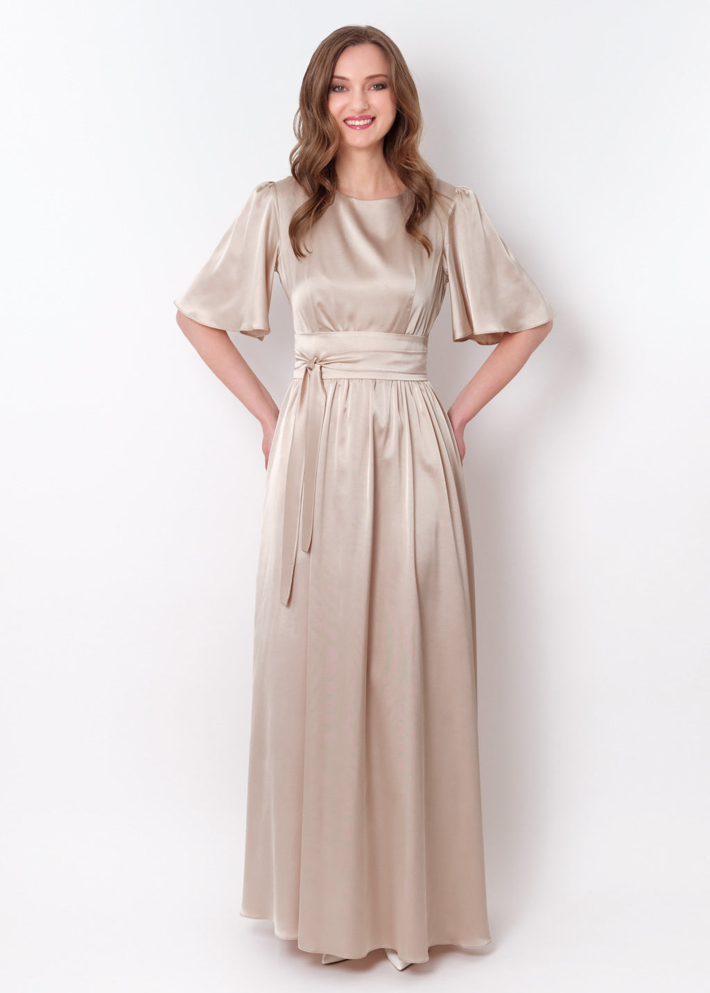 Champagne beige silk dress with belt