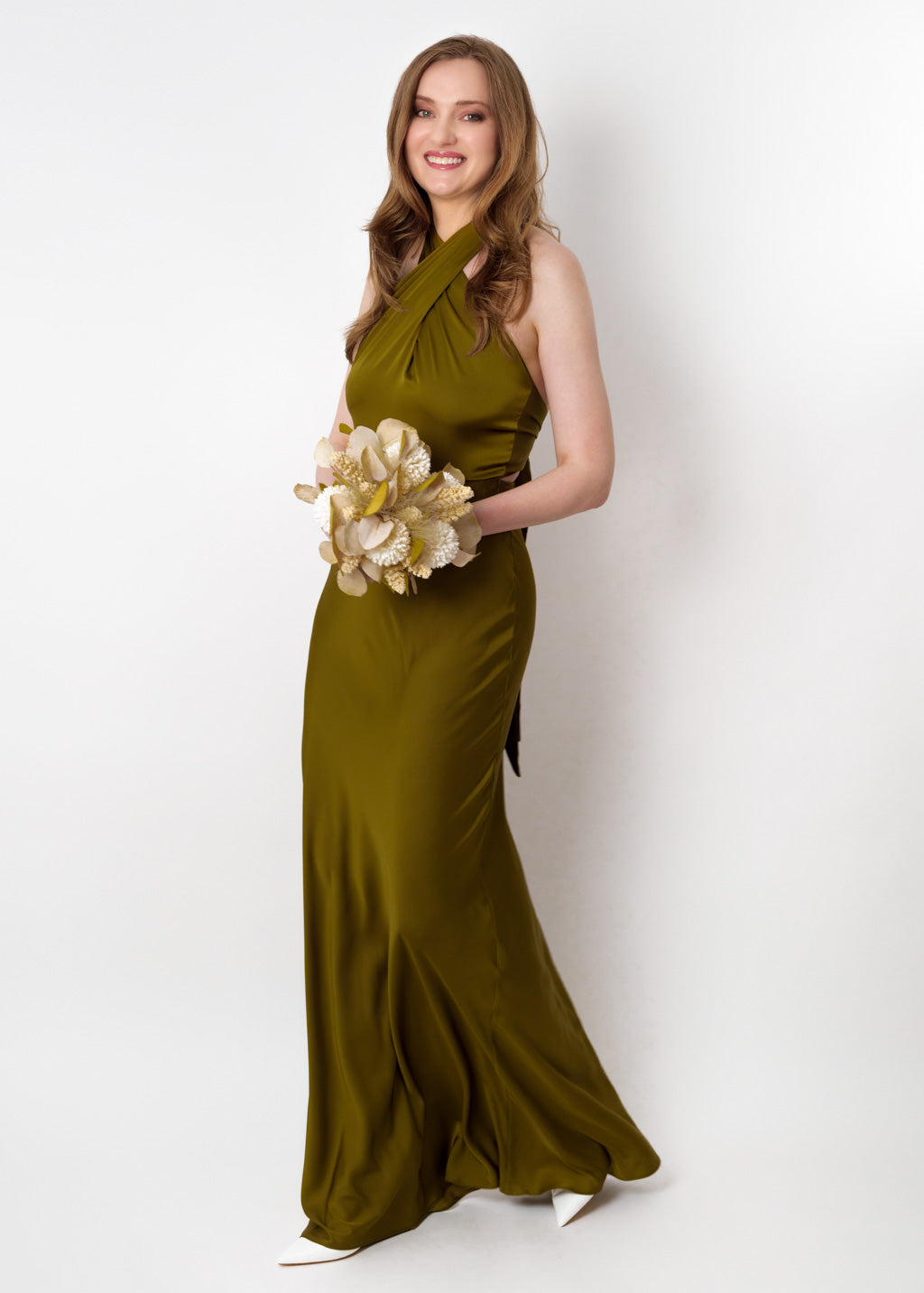 Olive silk long halter dress