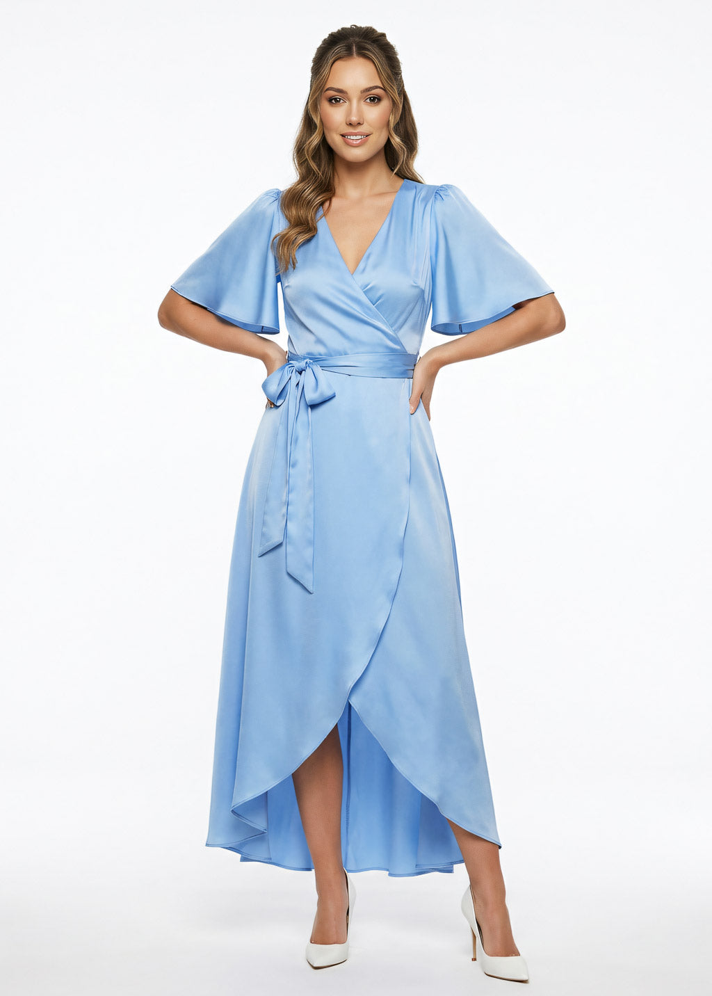 Sky blue romantic silk wrap dress