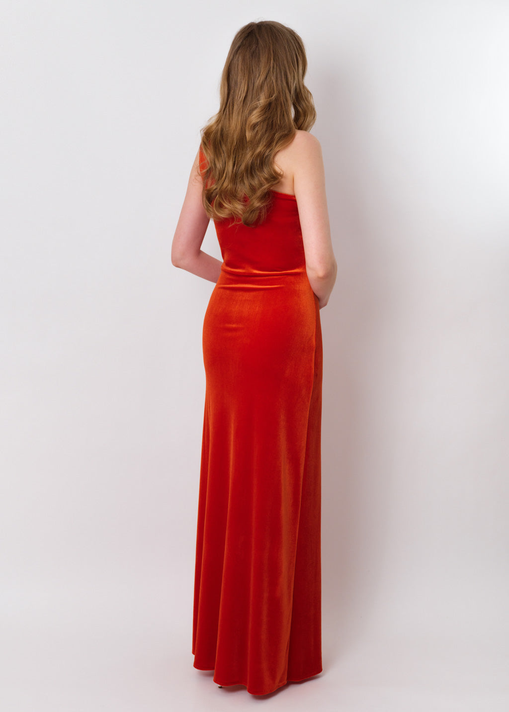 Rust orange velvet one shoulder slit dress