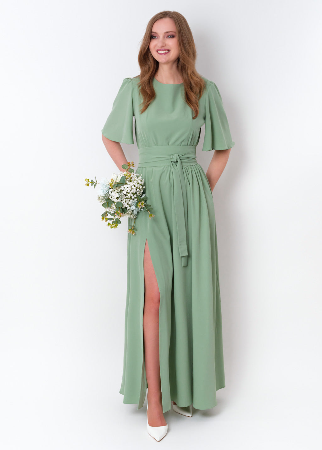 Sage green long dress with belt