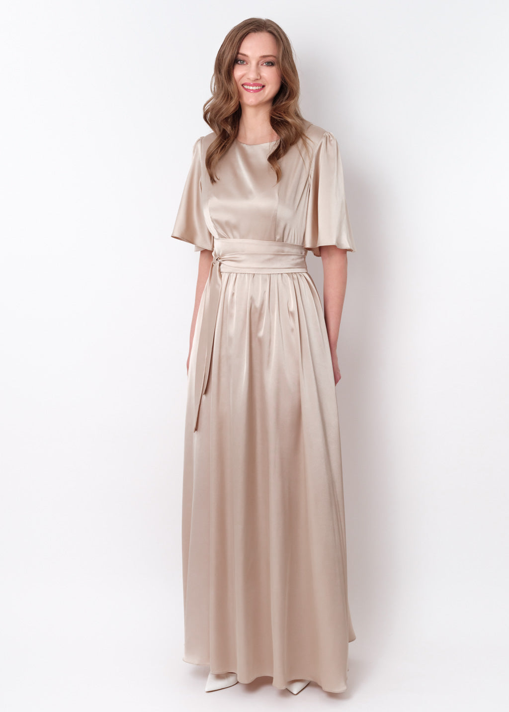 Champagne beige silk dress with belt