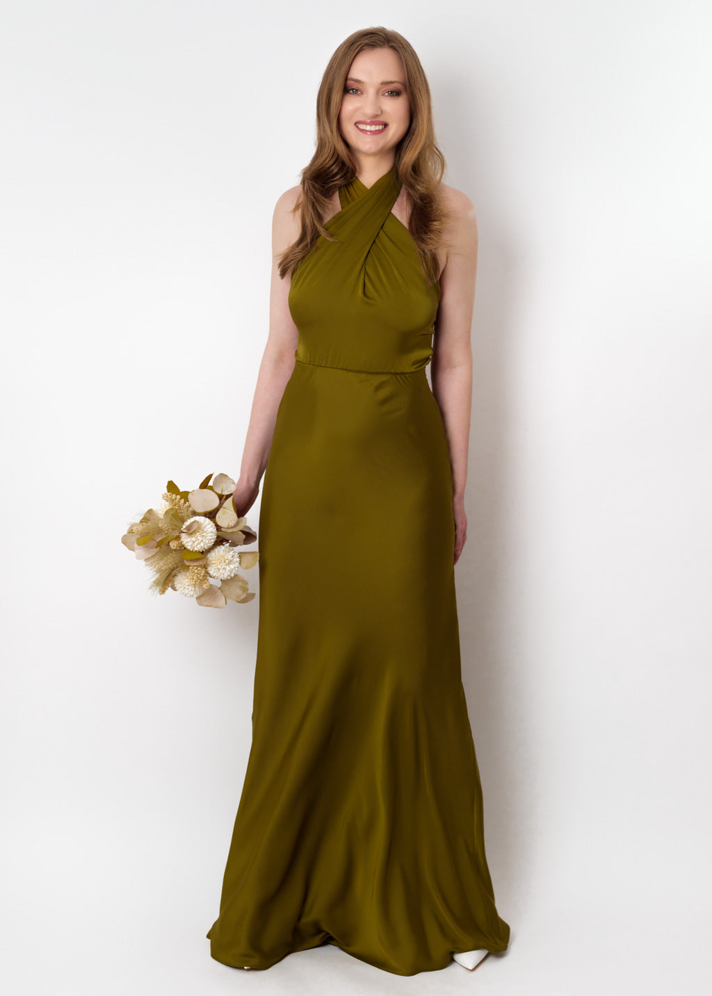 Olive silk long halter dress