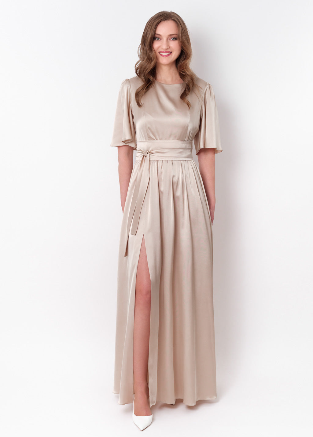 Champagne beige slit silk dress with belt