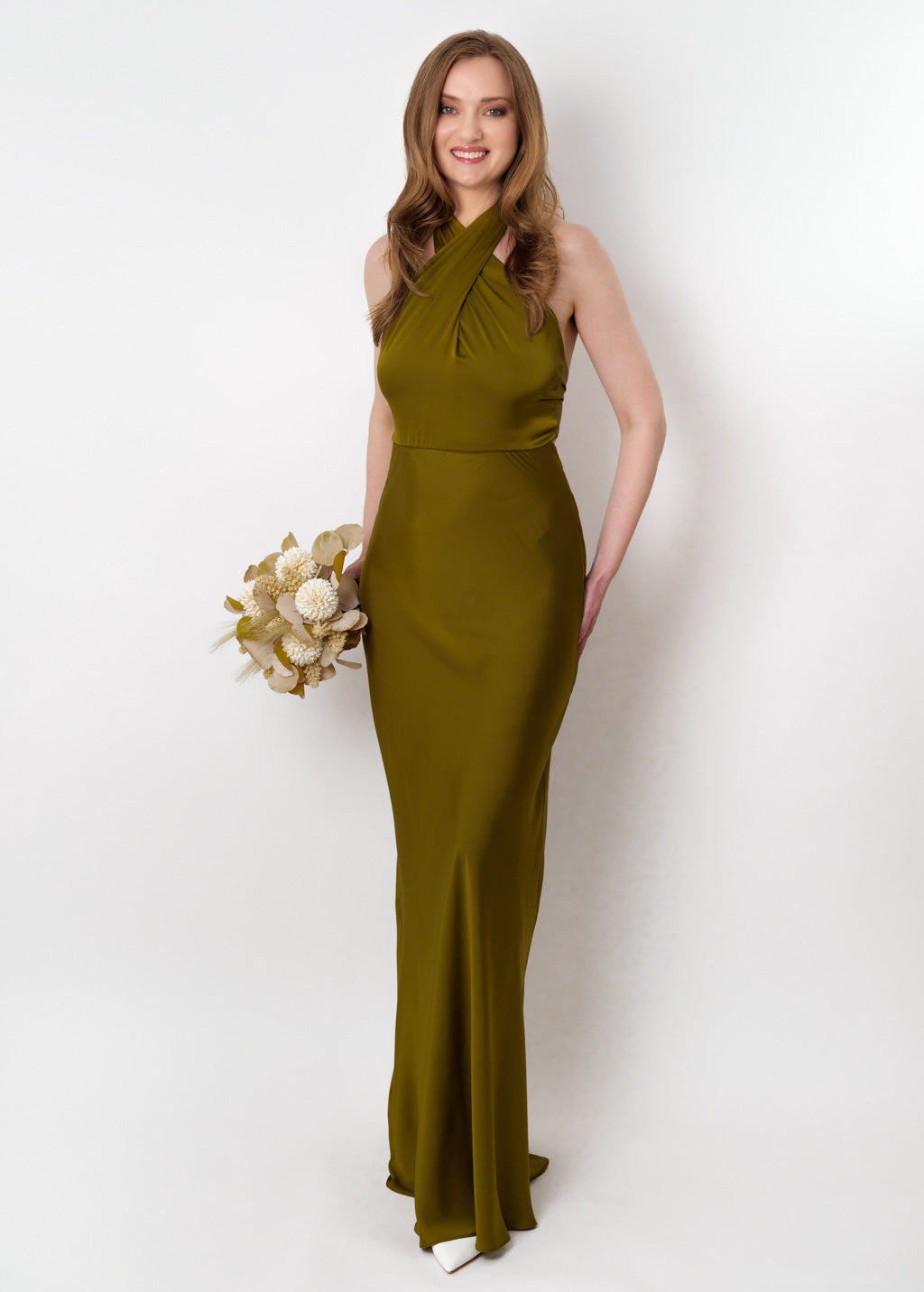 Olive silk long halter dress