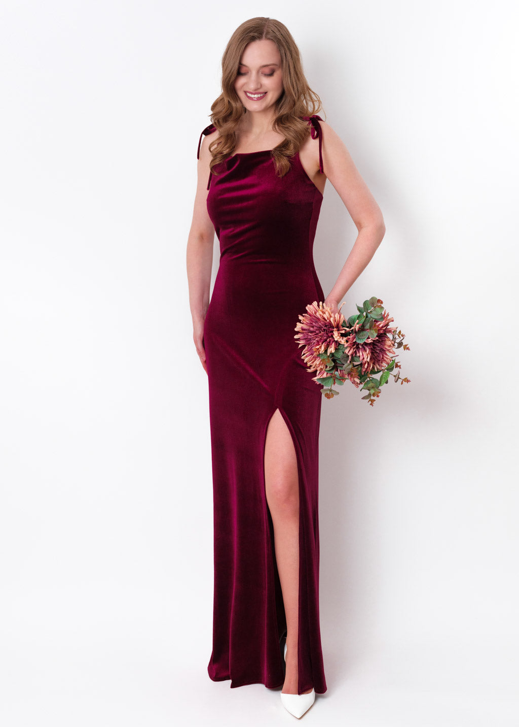 Plum burgundy slip slit velvet bodycon long dress