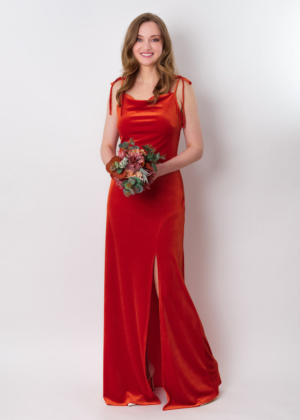 Rust orange slip slit velvet bodycon long dress