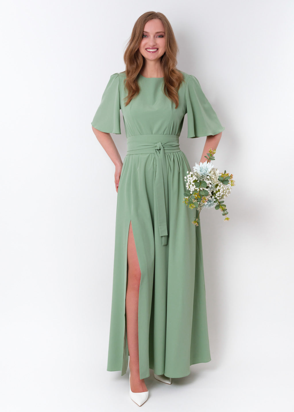 Sage green long slit dress with belt