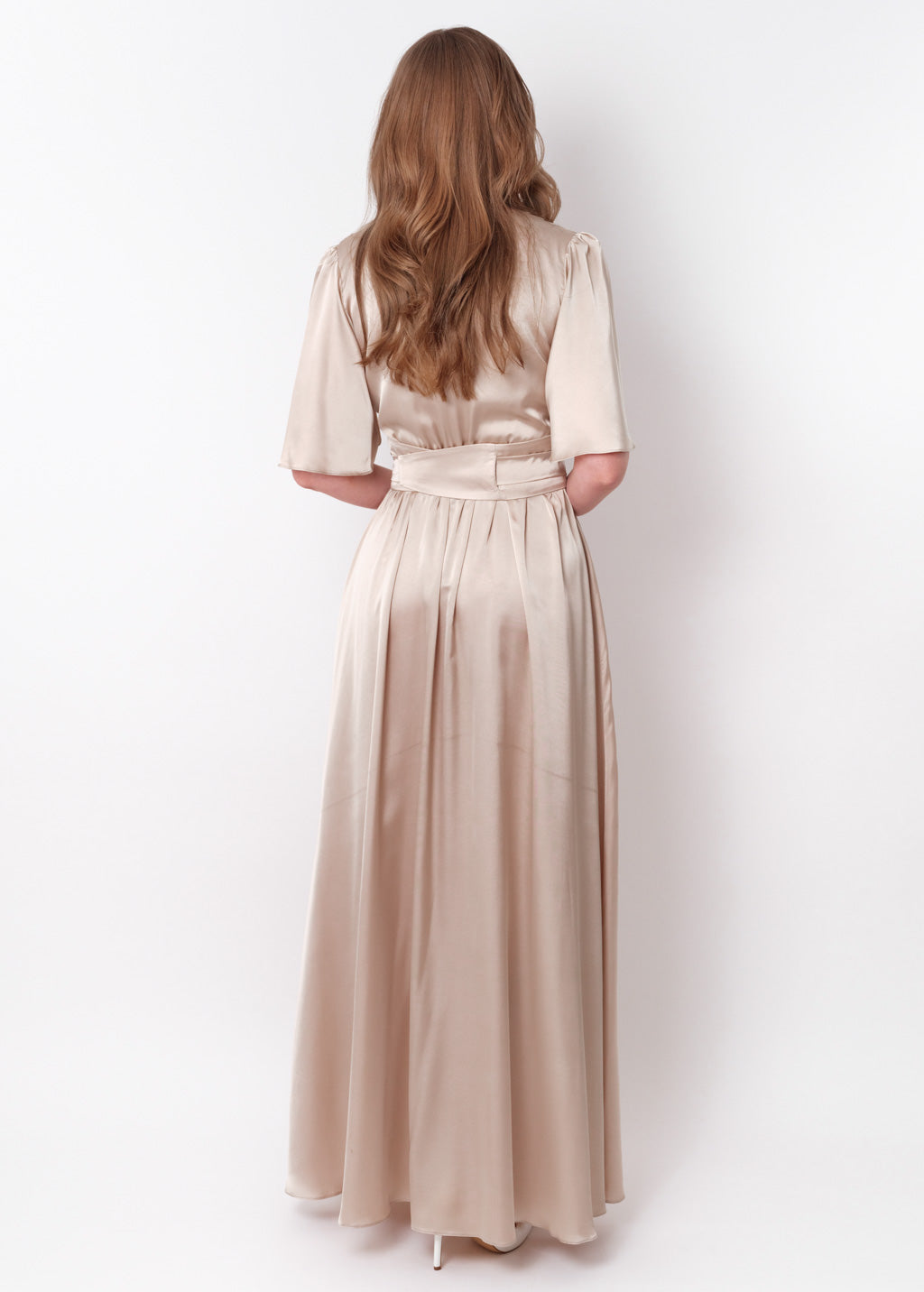 Champagne beige slit silk dress with belt