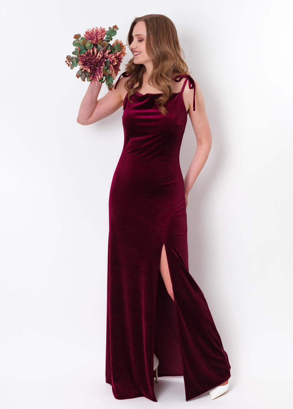 Plum burgundy slip slit velvet bodycon long dress