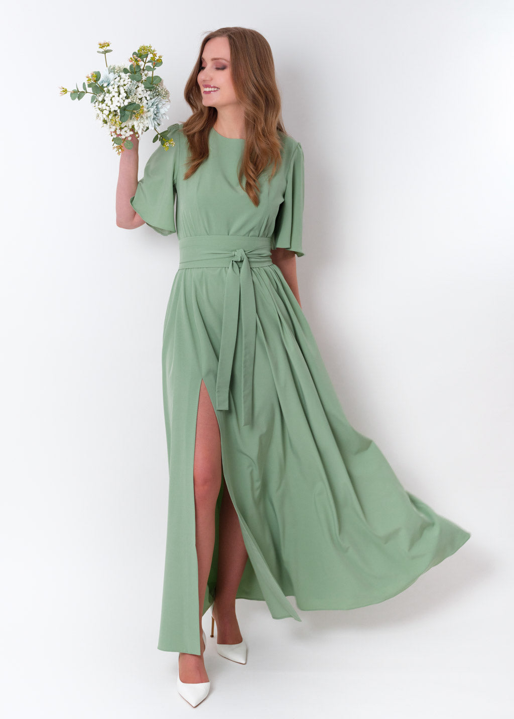 Sage green long dress with belt