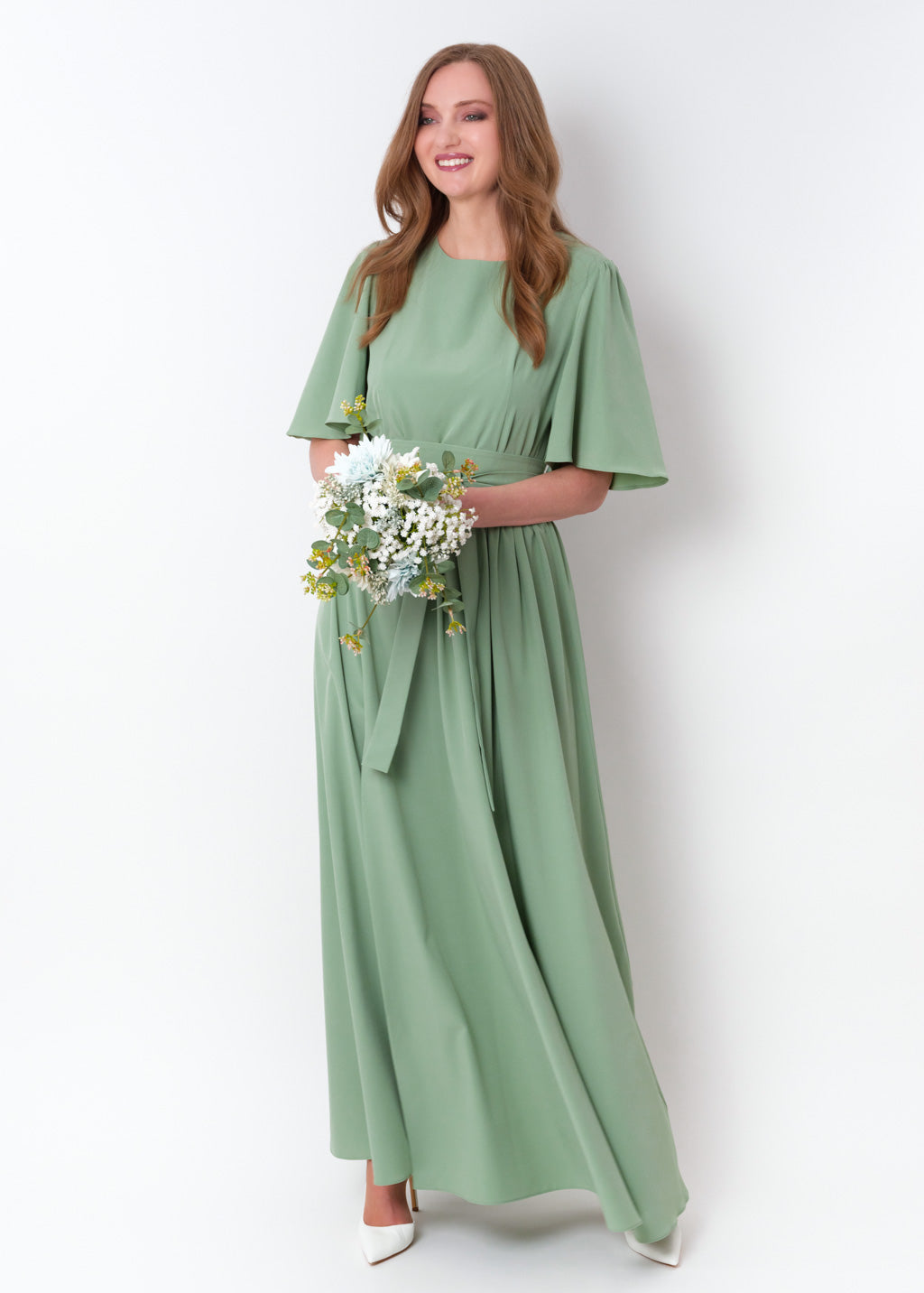 Sage green long slit dress with belt