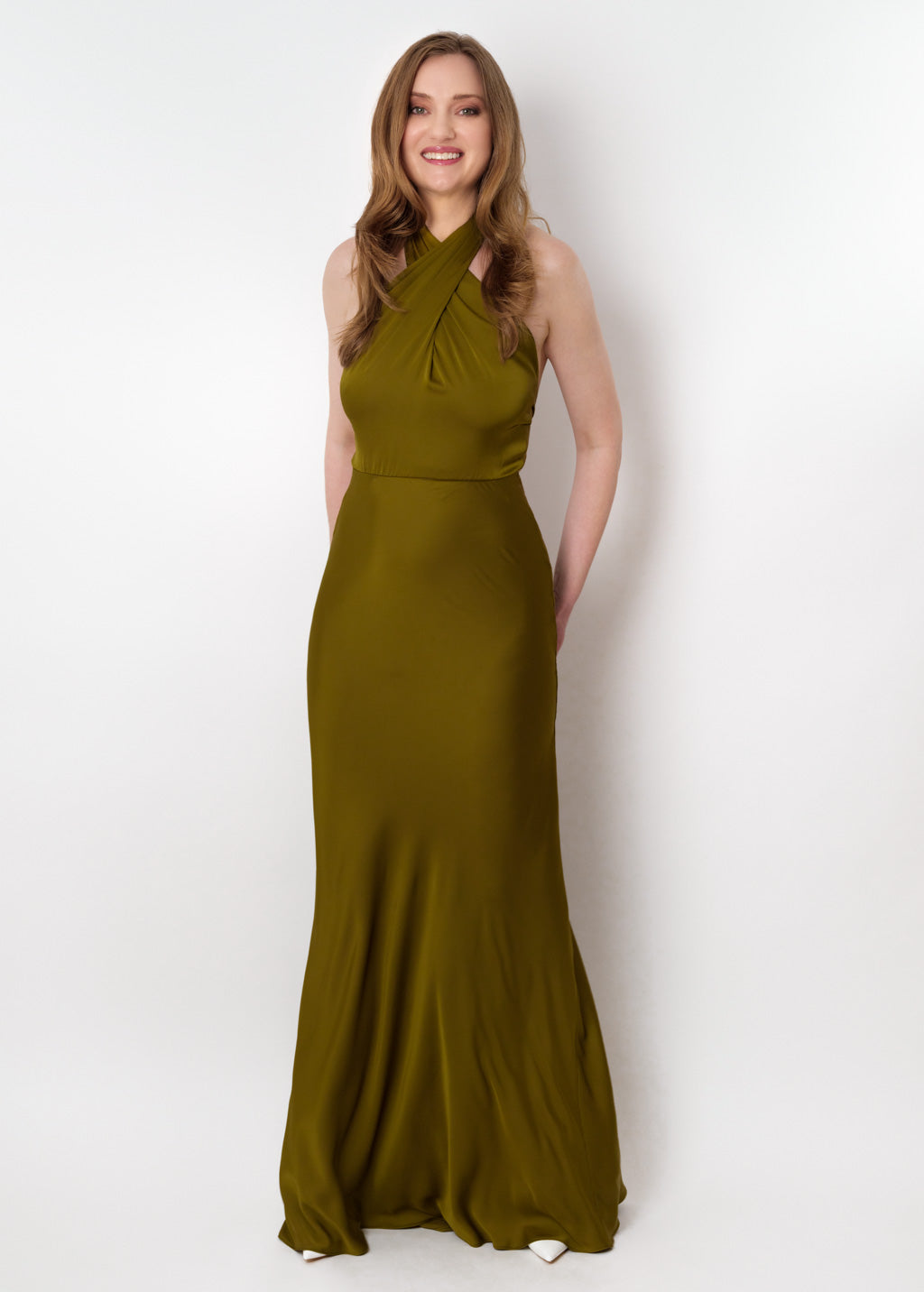Olive silk long halter dress