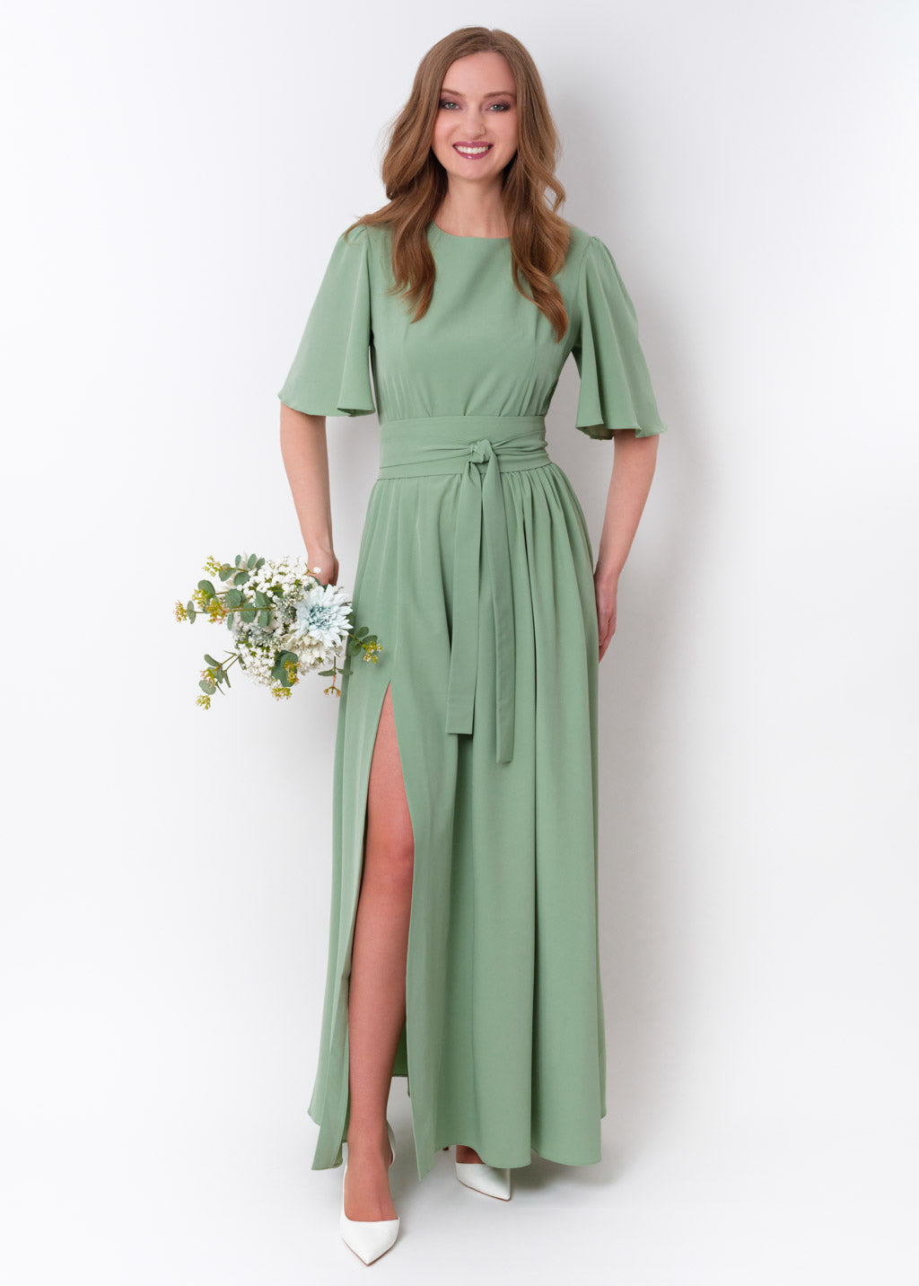 Sage green long slit dress with belt