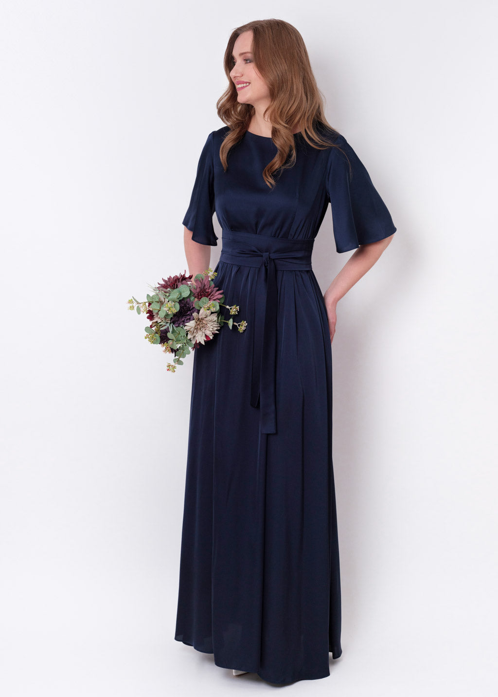Navy blue silk dress with belt