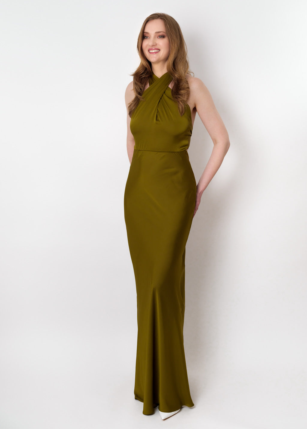 Olive silk long halter dress