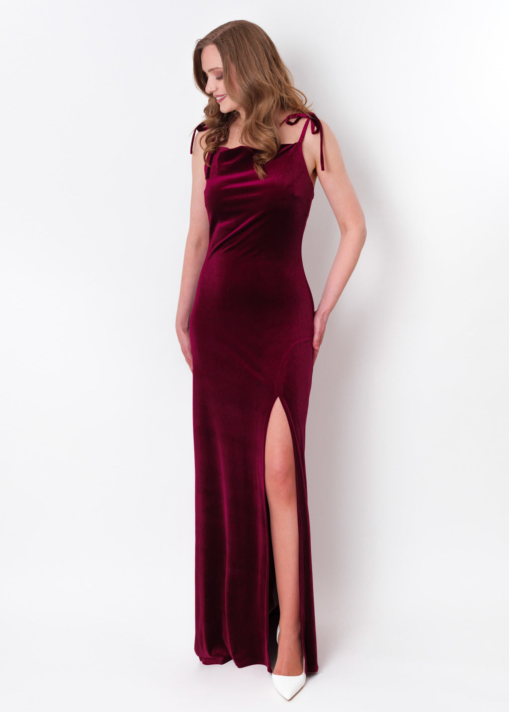 Plum burgundy slip slit velvet bodycon long dress