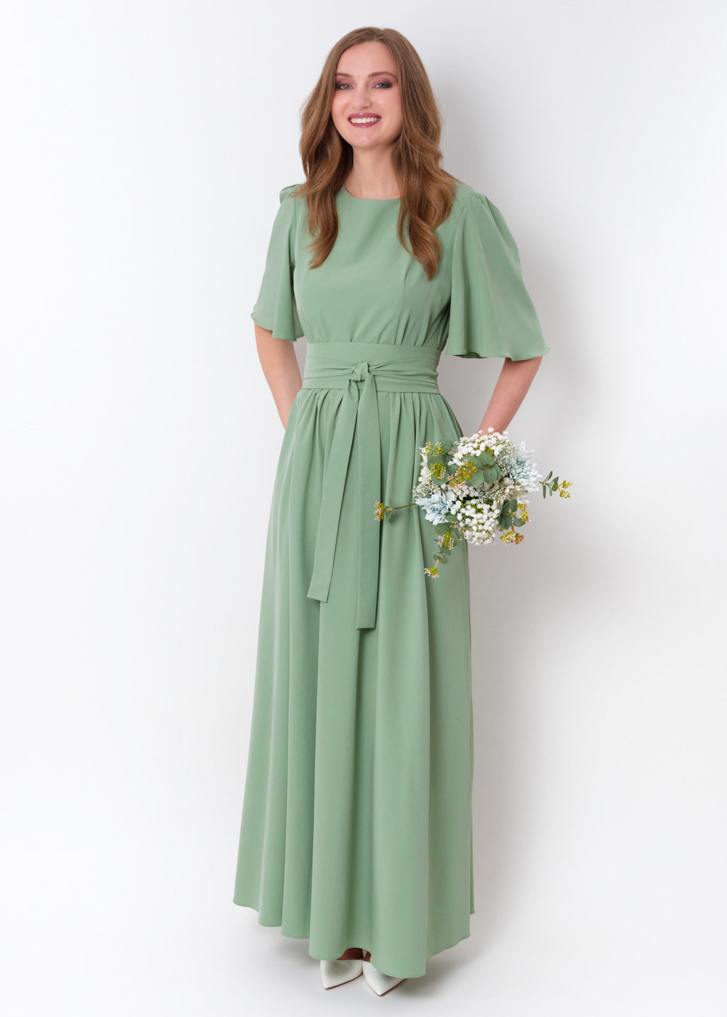 Sage green long slit dress with belt