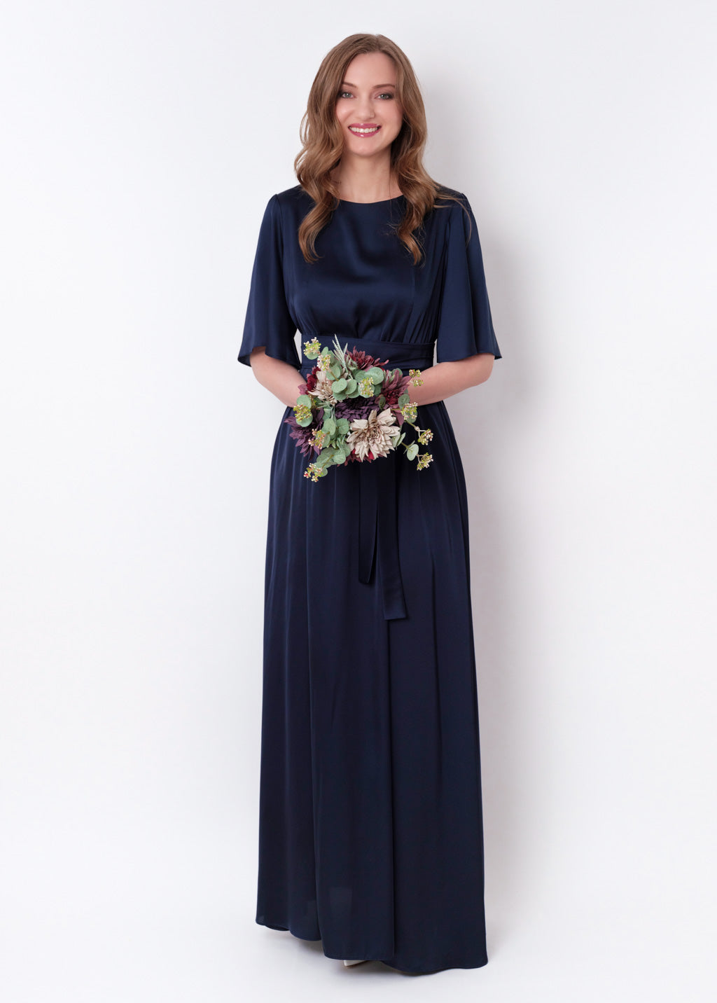Navy blue silk dress with belt