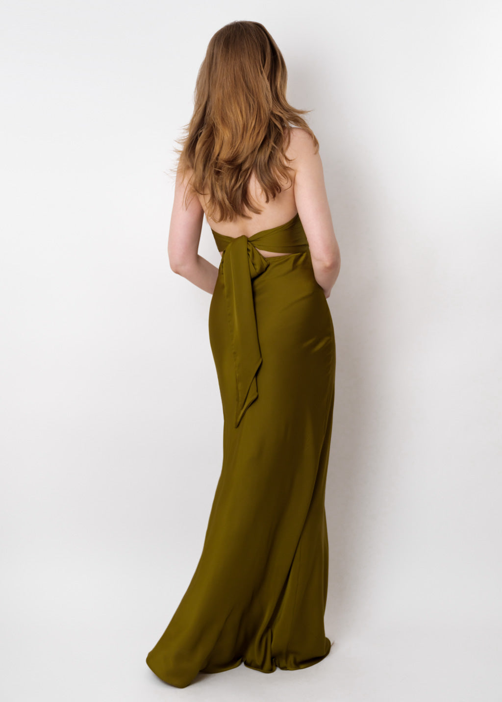 Olive silk long halter dress