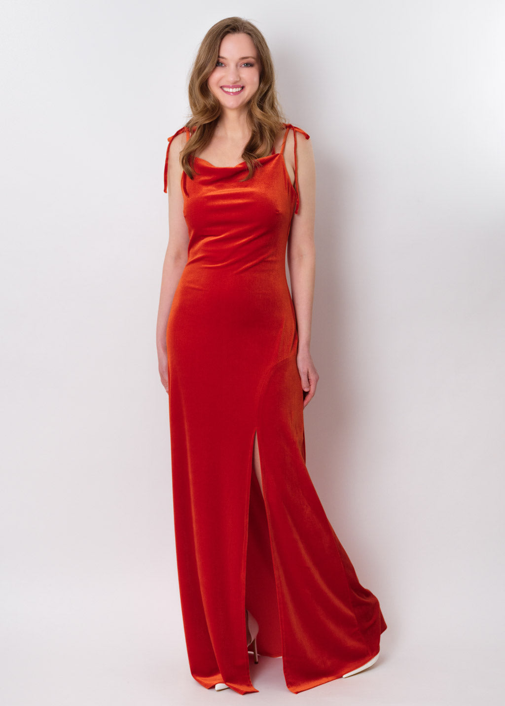 Rust orange slip slit velvet bodycon long dress