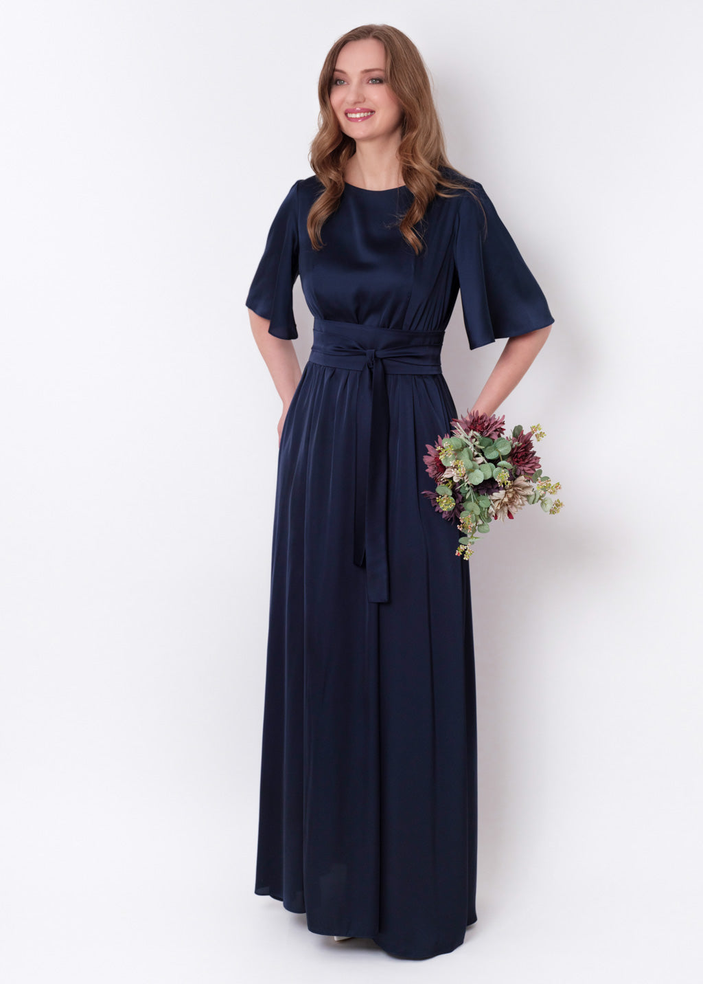Navy blue silk dress with belt
