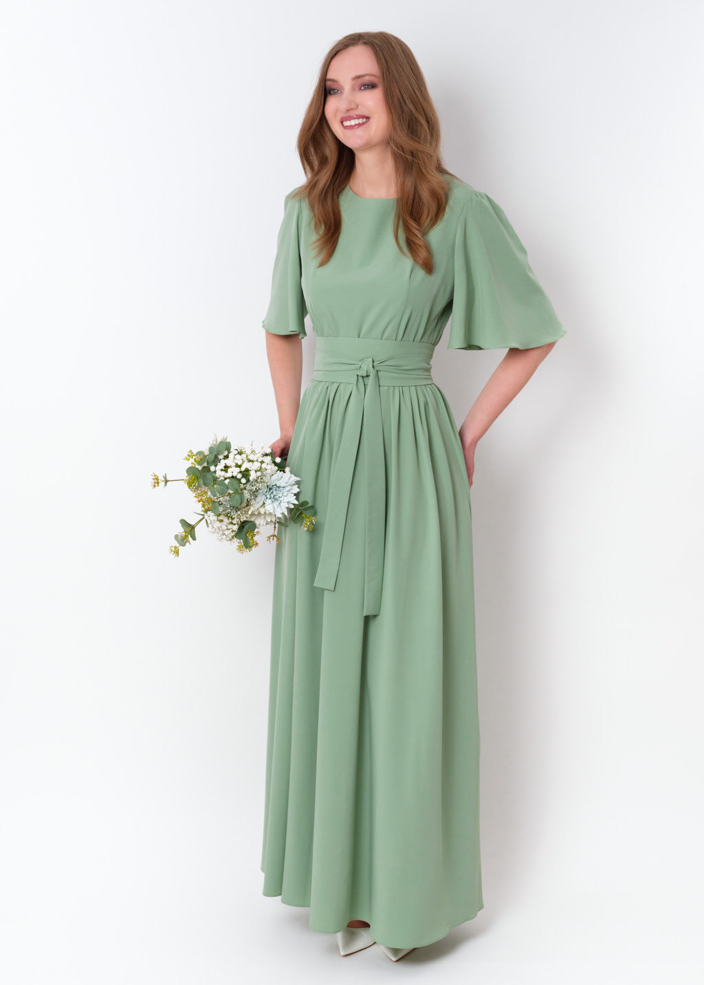 Sage green long slit dress with belt