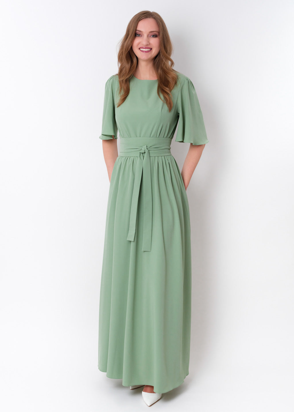 Sage green long dress with belt