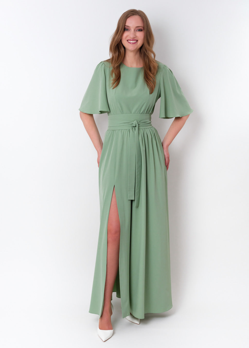 Sage green long slit dress with belt