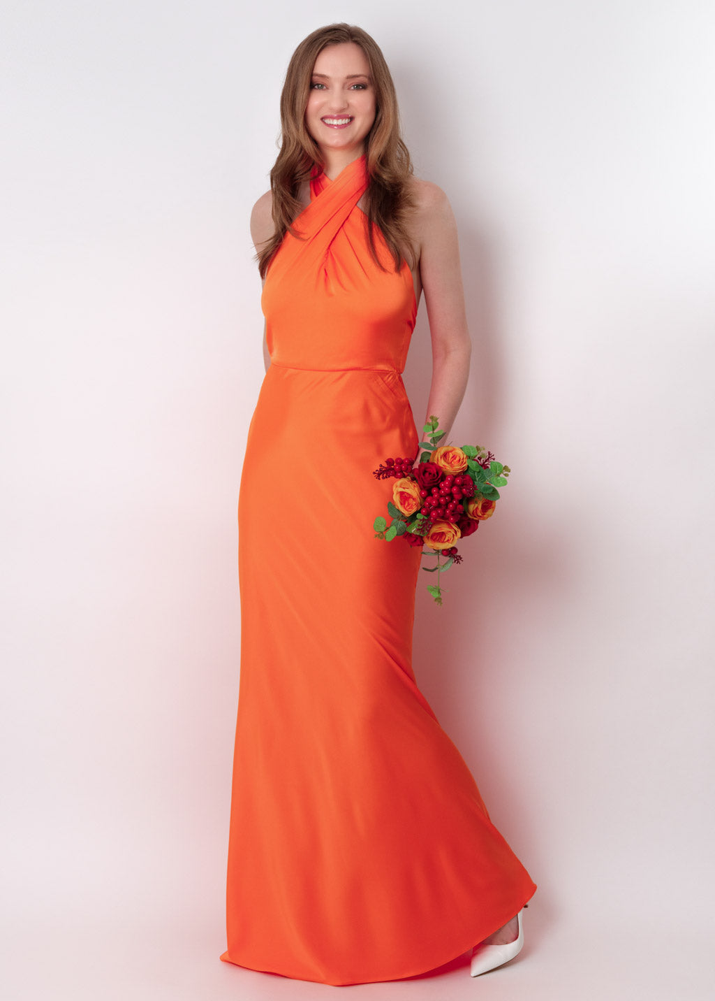 Orange silk long halter dress
