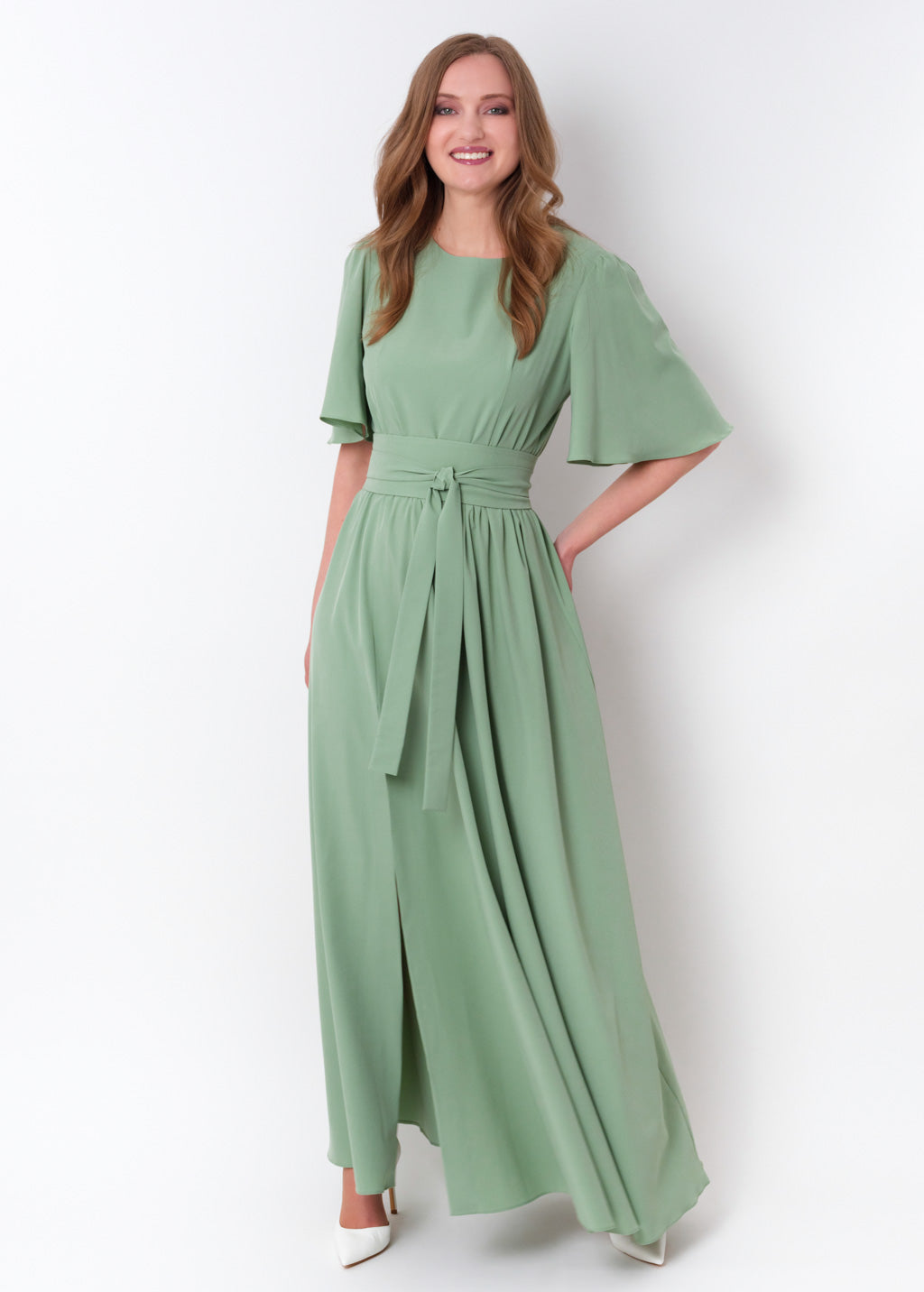 Sage green long dress with belt
