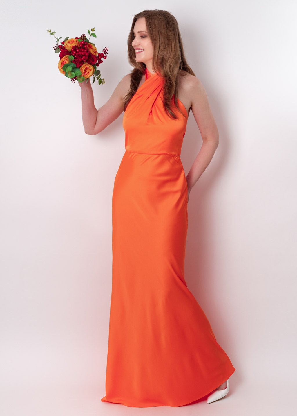 Orange silk long halter dress