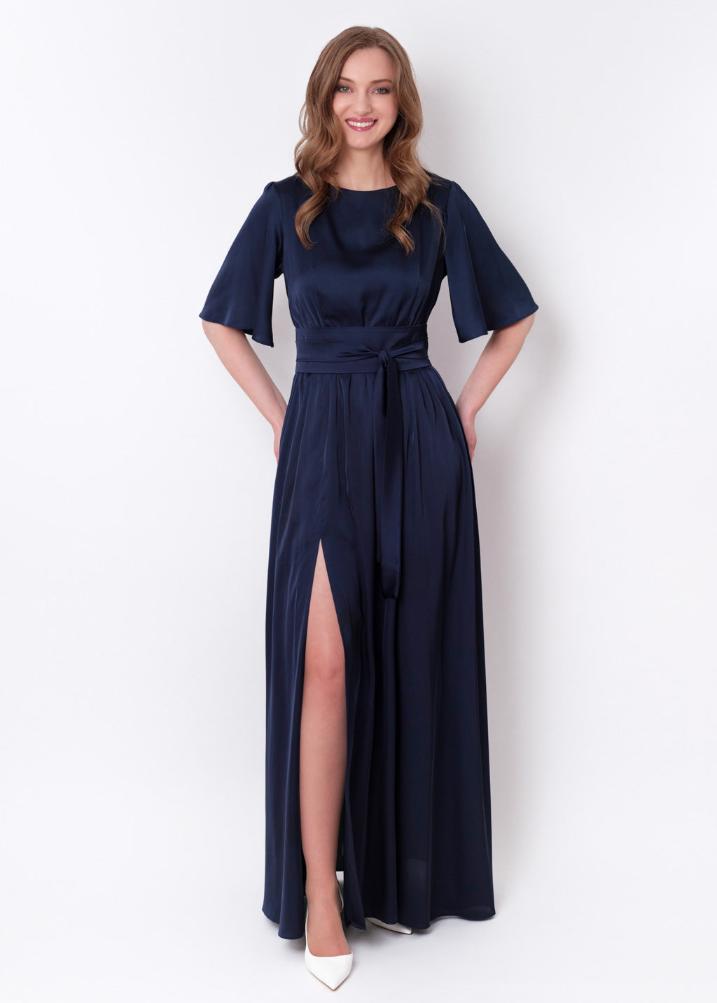 Navy blue slit silk dress with belt