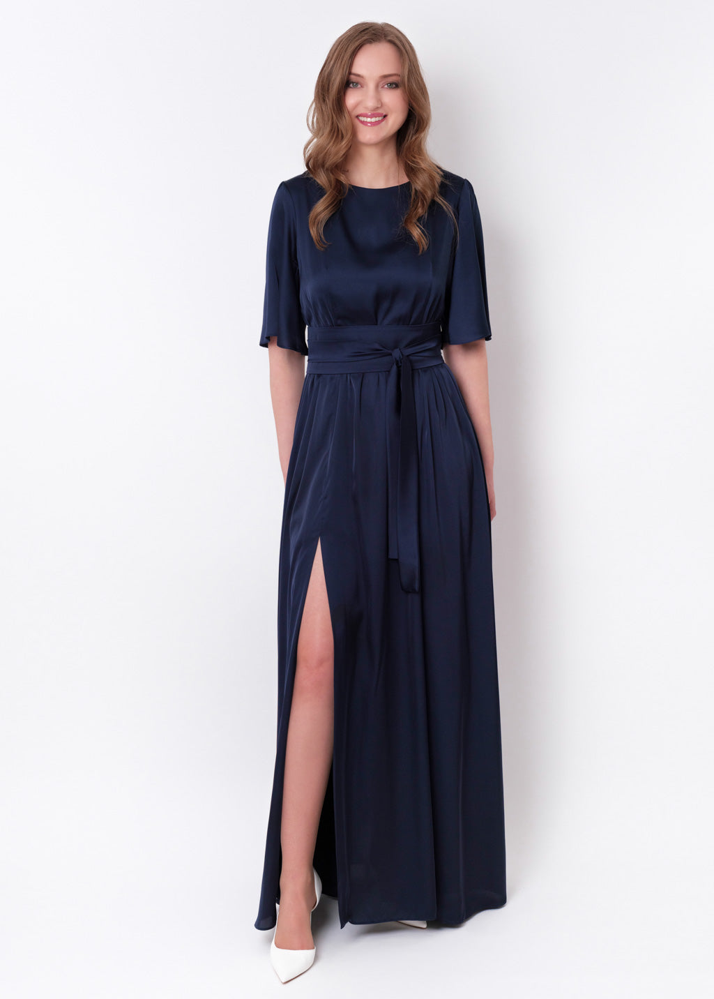 Navy blue slit silk dress with belt