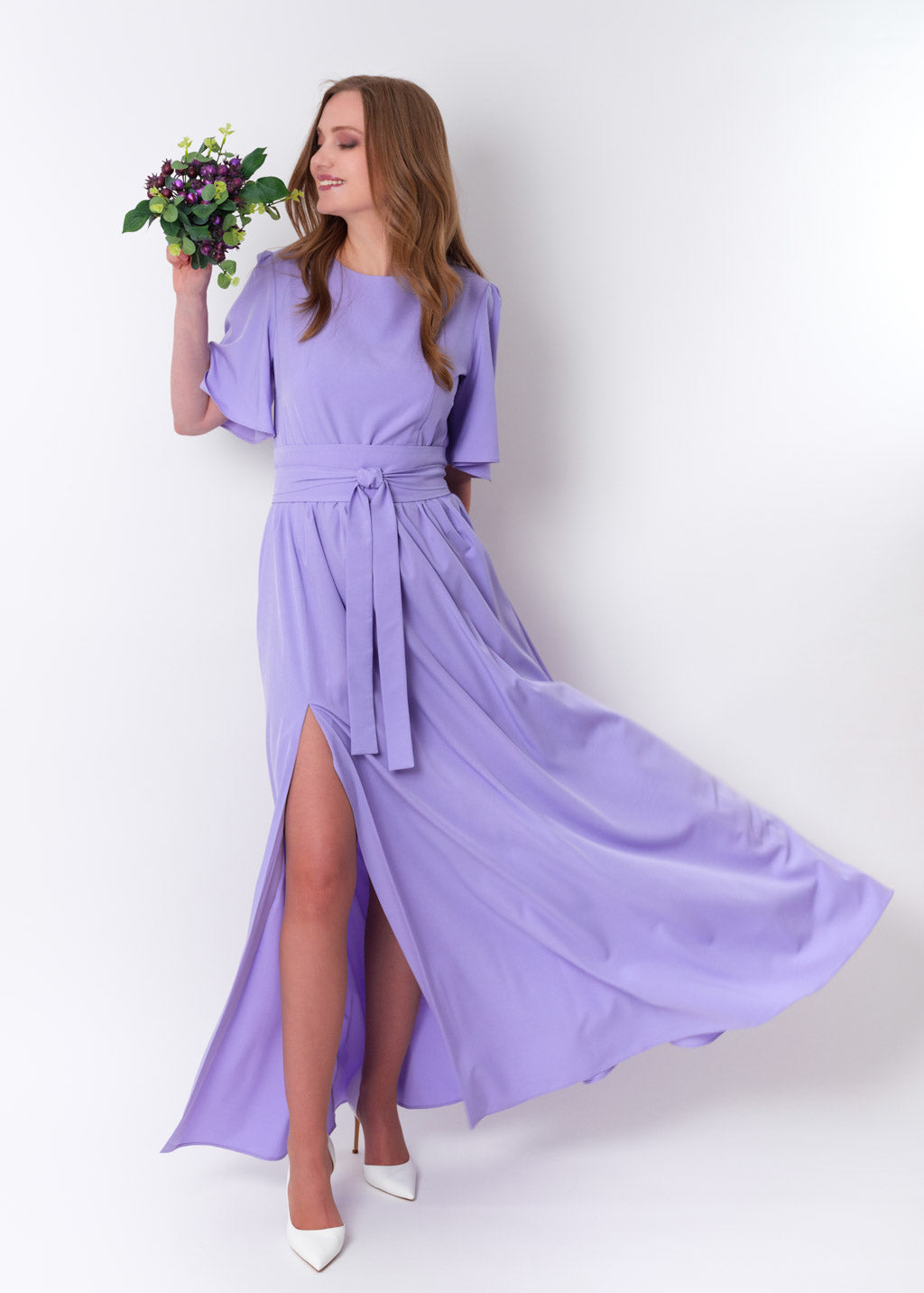 Light purple long slit dress with belt