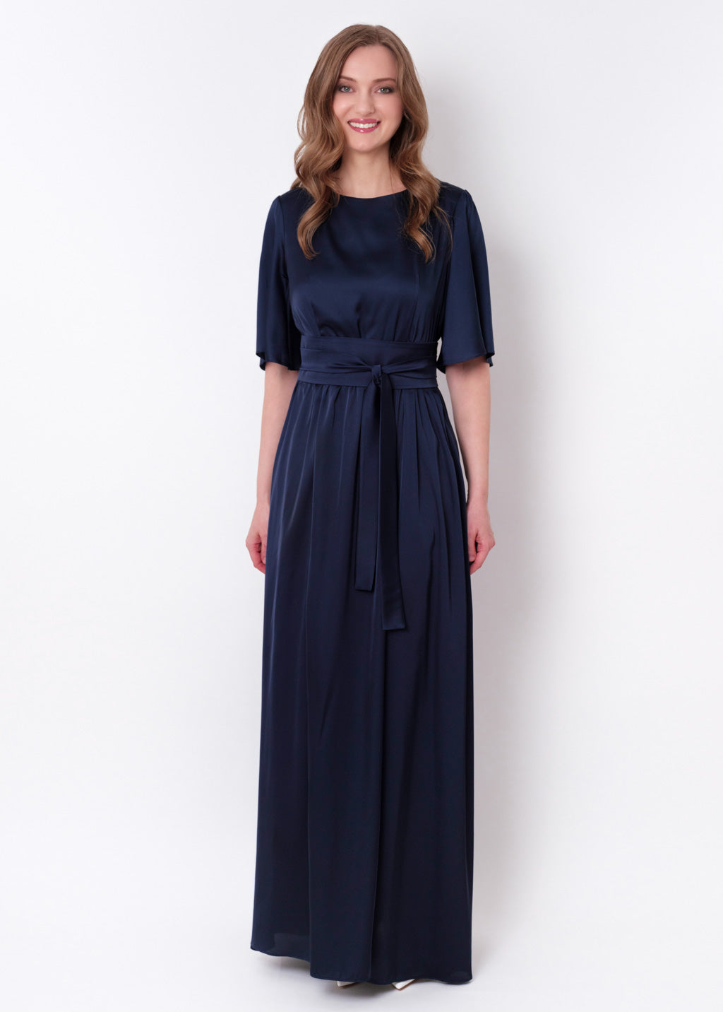 Navy blue silk dress with belt