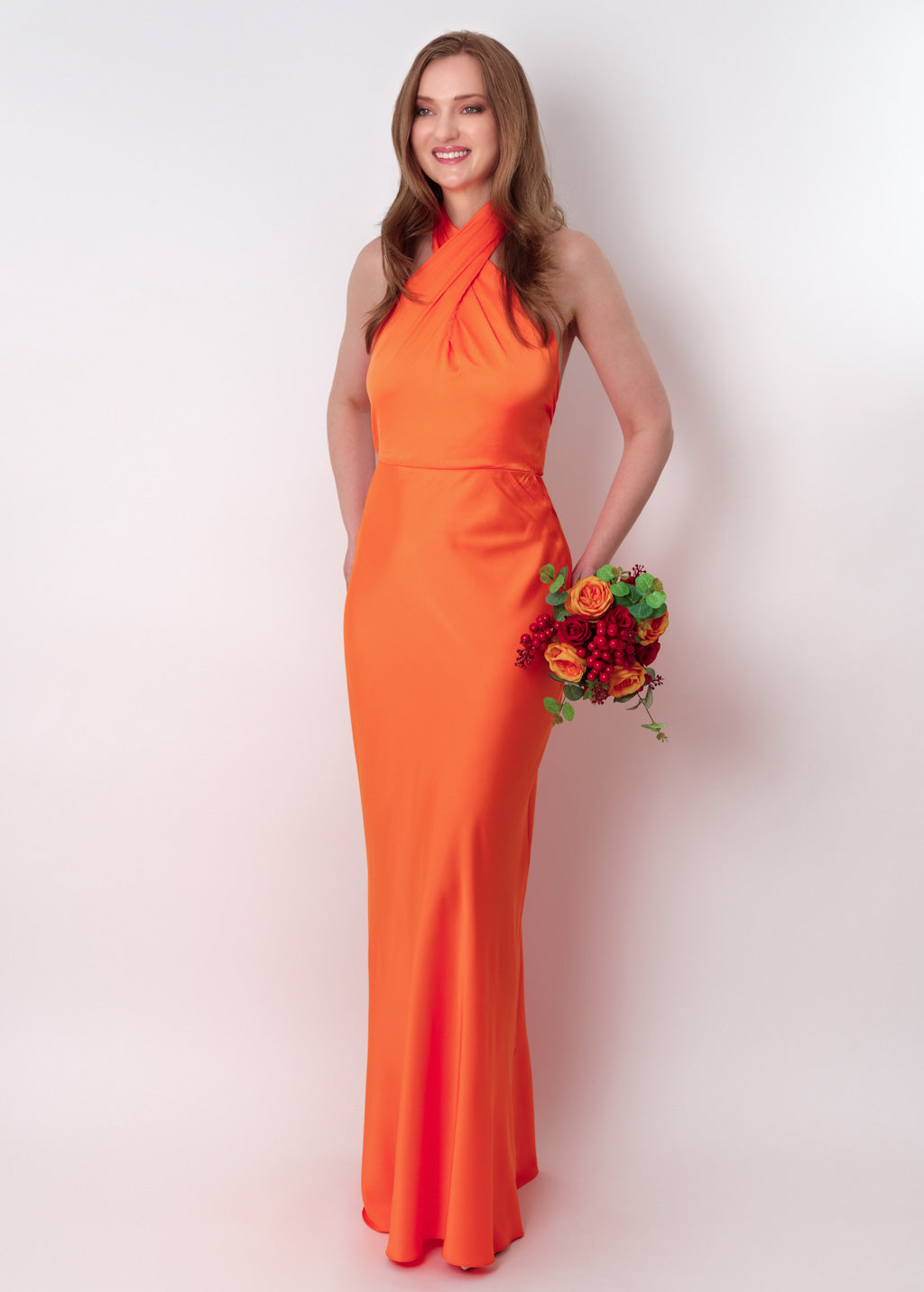 Orange silk long halter dress