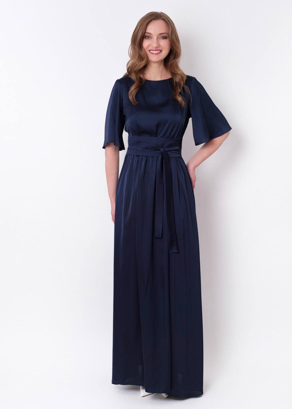 Navy blue silk dress with belt