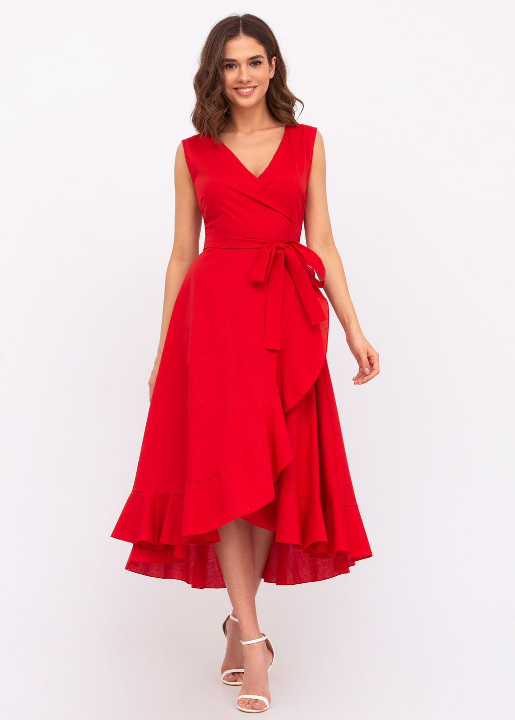 Red organic cotton midi wrap dress