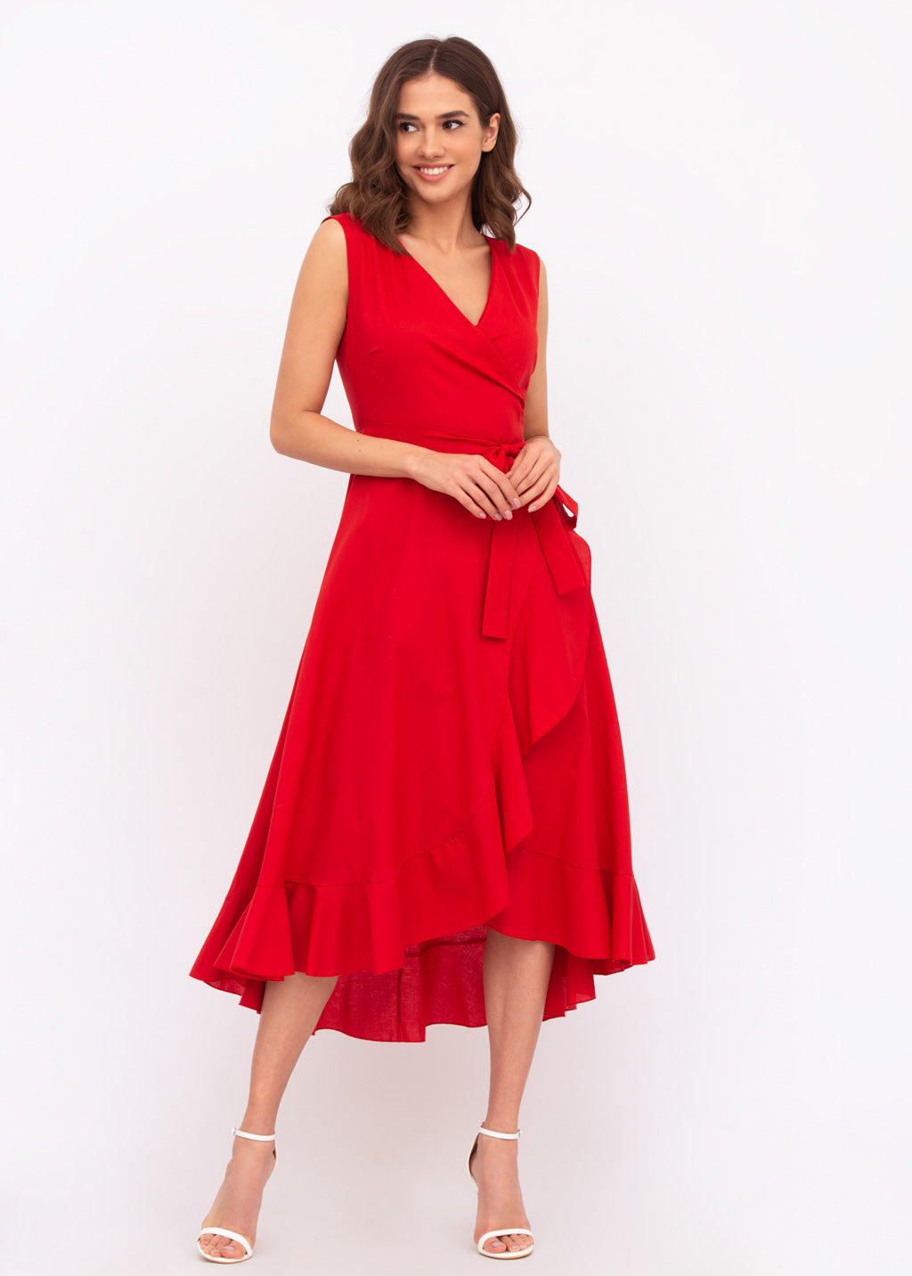 Red organic cotton midi wrap dress