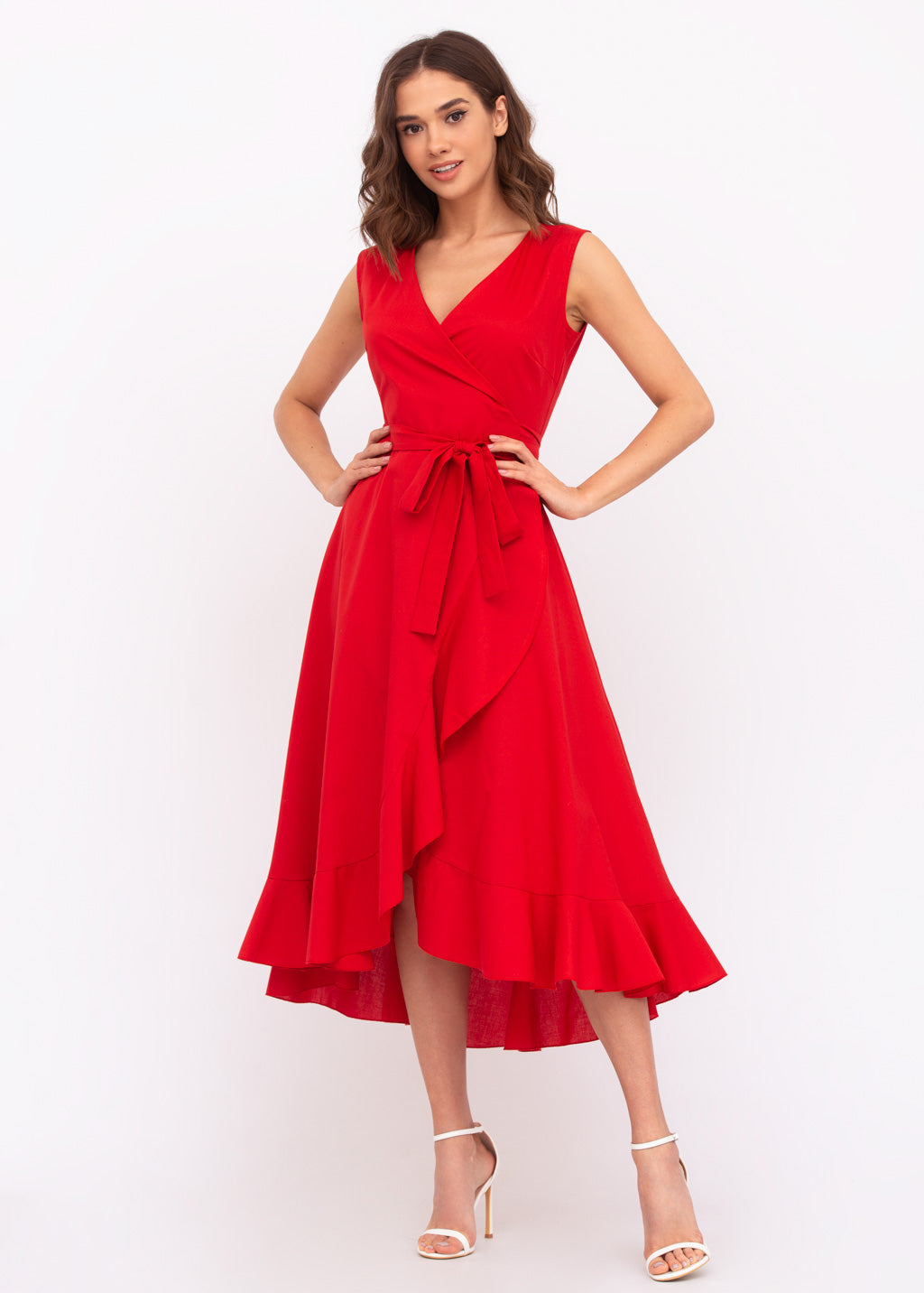 Red organic cotton midi wrap dress